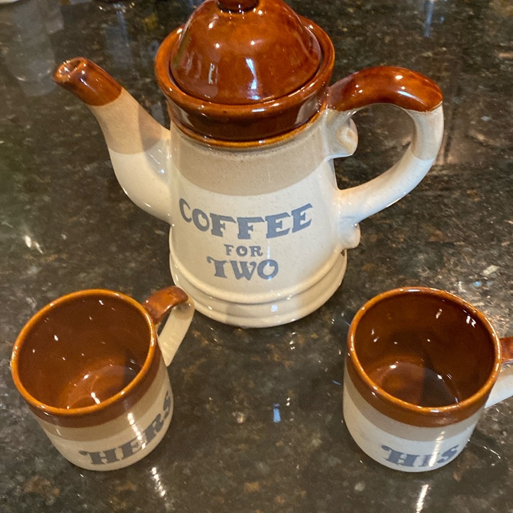 Vintage 1970-1980s Stoneware “Coffee for Two”
Pot with Matching Mugs
